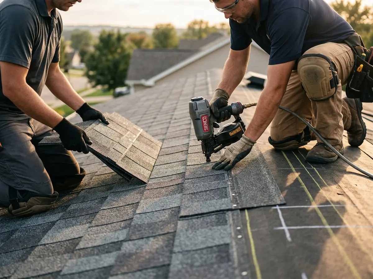 Professional roofer working on a residential roof in Logan